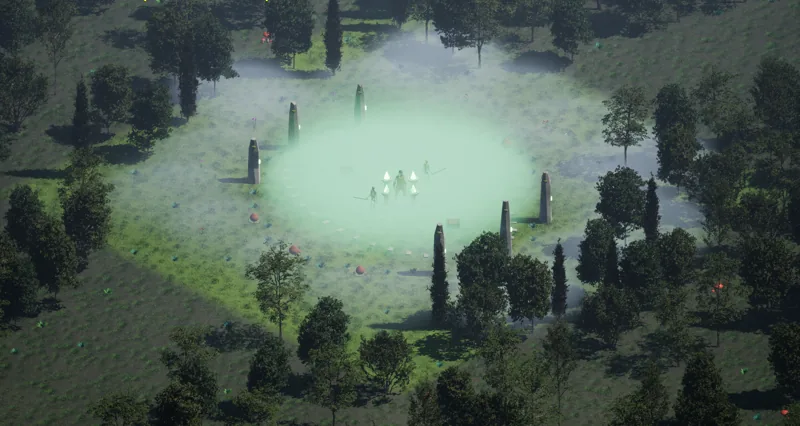A glowing barrow in a misty clearing