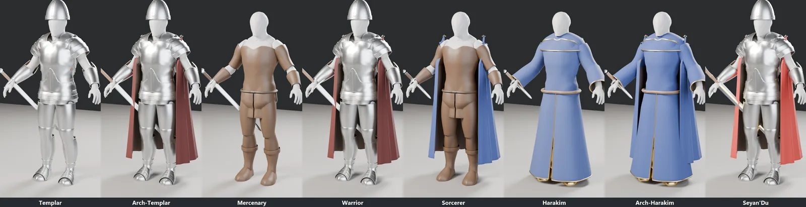 The player classes in their armour