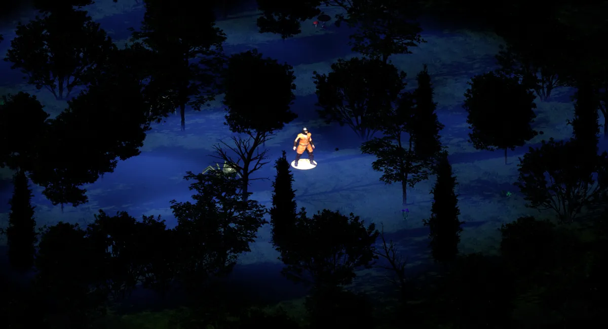 A player with a torch in a dark forest