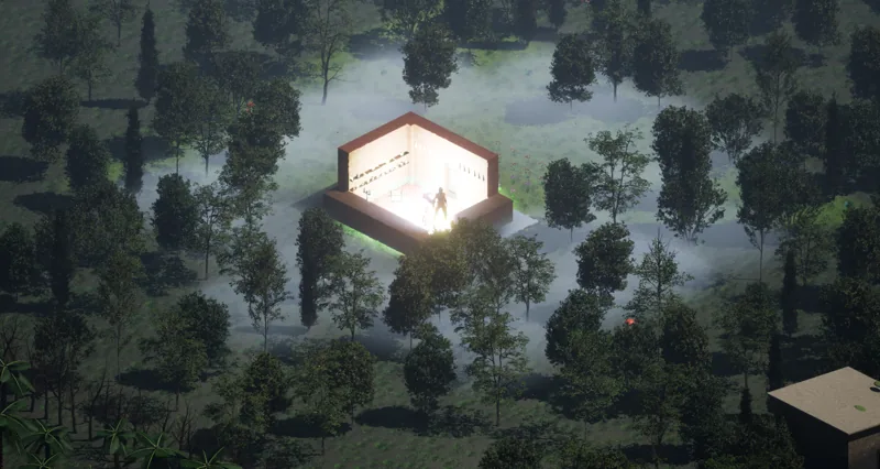 The hermit's lit hut in the forest