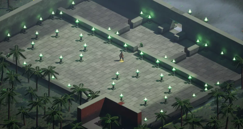 A jungle temple floor with green fire bowls