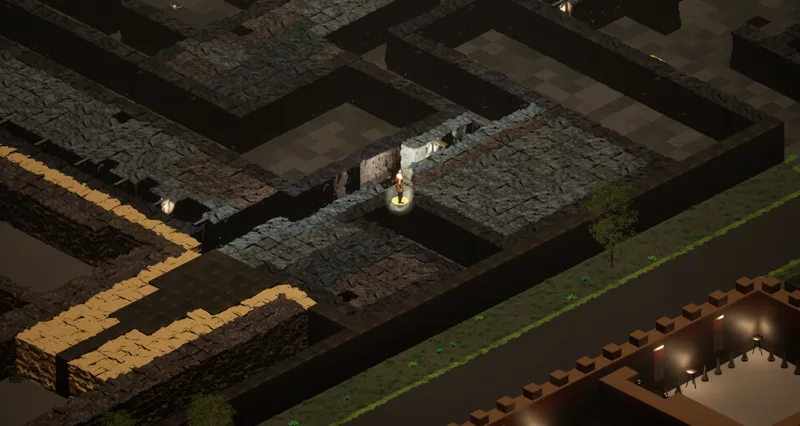 A mine tunnel lit by a held torch