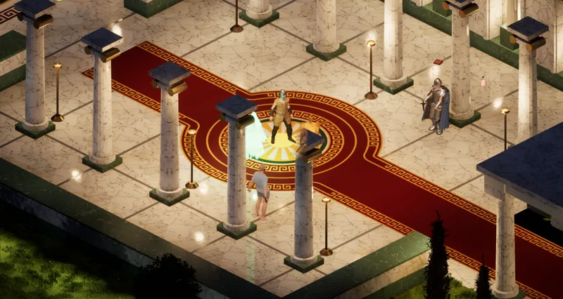 Temple columns lit by lamps at night